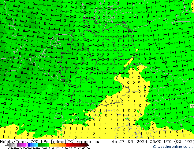 Height/Temp. 700 hPa Arpege-eu 星期一 27.05.2024 06 UTC