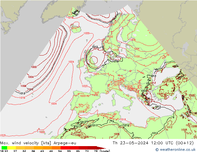 Max. wind velocity Arpege-eu  23.05.2024 12 UTC