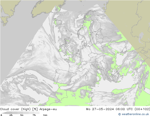 Cloud cover (high) Arpege-eu Mo 27.05.2024 06 UTC