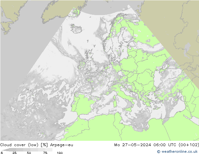 Cloud cover (low) Arpege-eu Mo 27.05.2024 06 UTC