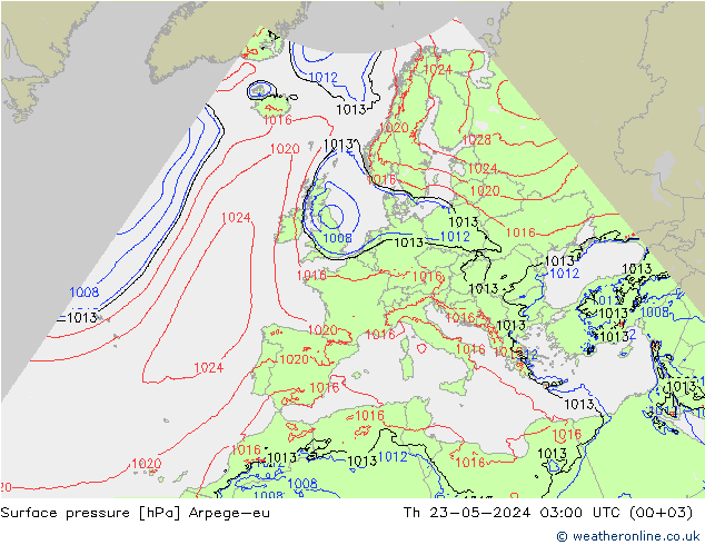 Atmosférický tlak Arpege-eu Čt 23.05.2024 03 UTC