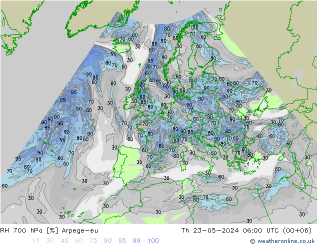 RH 700 hPa Arpege-eu 星期四 23.05.2024 06 UTC