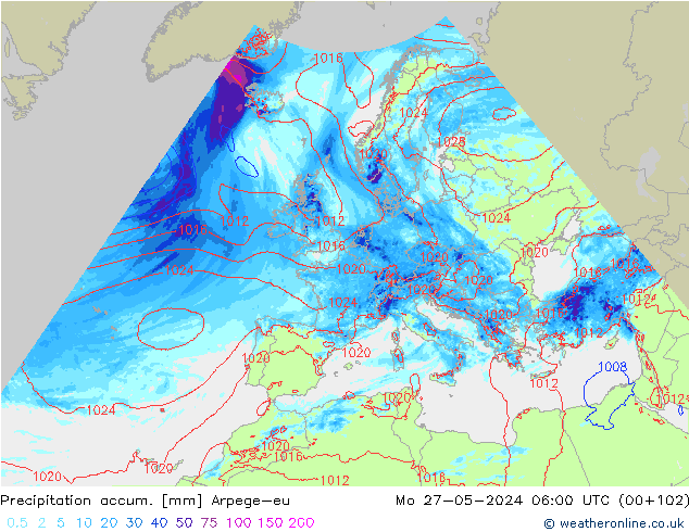 Precipitation accum. Arpege-eu Mo 27.05.2024 06 UTC