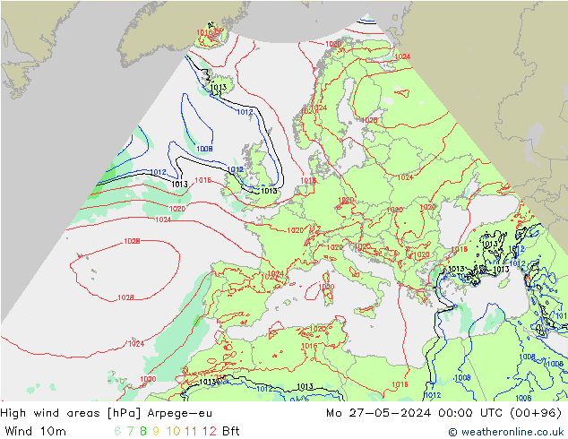 High wind areas Arpege-eu Mo 27.05.2024 00 UTC