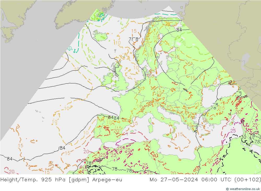 Height/Temp. 925 hPa Arpege-eu Mo 27.05.2024 06 UTC