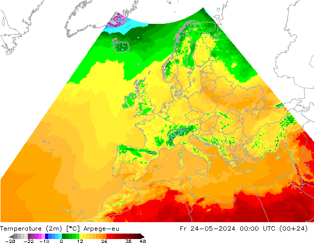 Temperaturkarte (2m) Arpege-eu Fr 24.05.2024 00 UTC