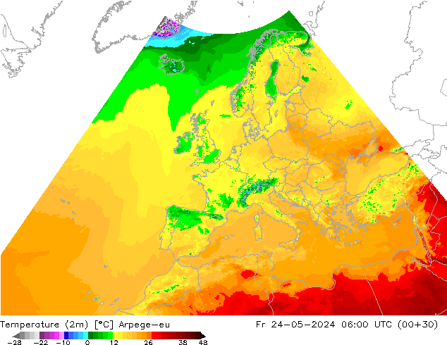 Temperaturkarte (2m) Arpege-eu Fr 24.05.2024 06 UTC