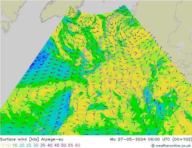 Surface wind Arpege-eu Mo 27.05.2024 06 UTC