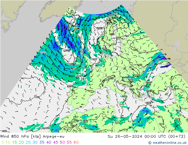 Wind 850 hPa Arpege-eu Ne 26.05.2024 00 UTC