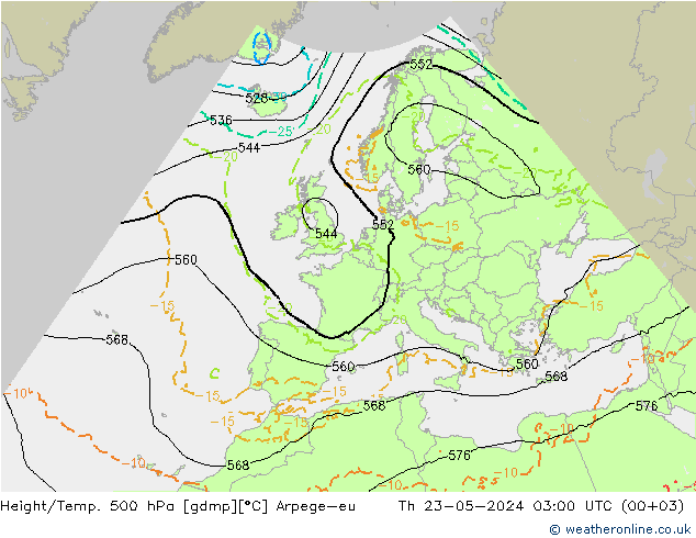 Height/Temp. 500 hPa Arpege-eu 星期四 23.05.2024 03 UTC