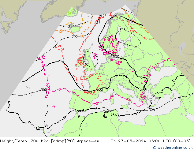 Height/Temp. 700 hPa Arpege-eu 星期四 23.05.2024 03 UTC