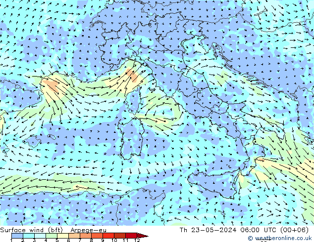 Surface wind (bft) Arpege-eu Th 23.05.2024 06 UTC