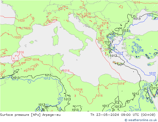 Pressione al suolo Arpege-eu gio 23.05.2024 09 UTC