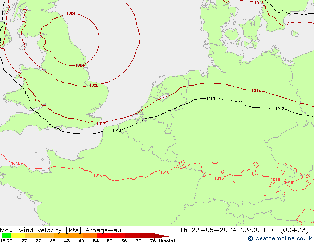 Max. wind velocity Arpege-eu Th 23.05.2024 03 UTC