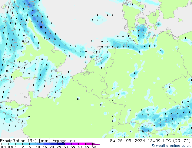 Totale neerslag (6h) Arpege-eu zo 26.05.2024 00 UTC