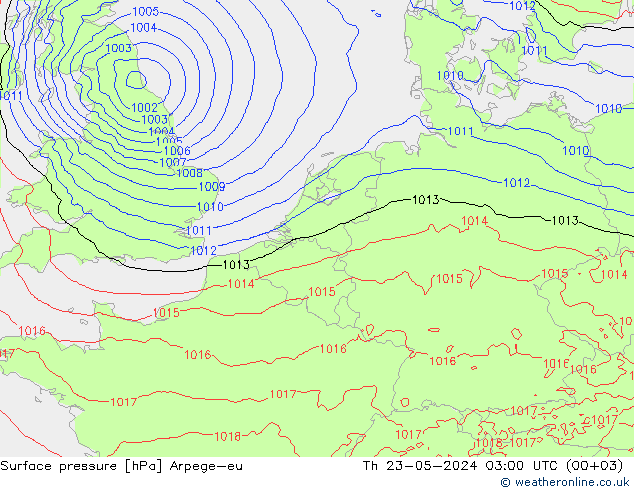 地面气压 Arpege-eu 星期四 23.05.2024 03 UTC