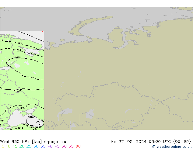 Vento 850 hPa Arpege-eu lun 27.05.2024 03 UTC