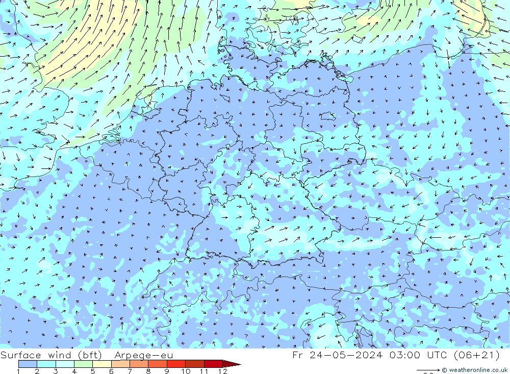 Surface wind (bft) Arpege-eu Pá 24.05.2024 03 UTC