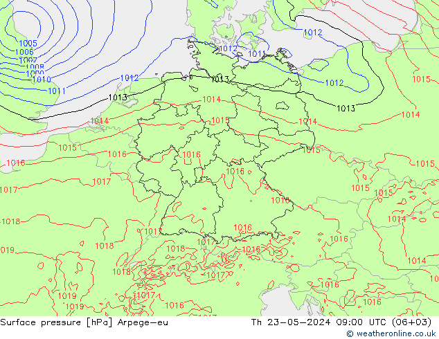 Atmosférický tlak Arpege-eu Čt 23.05.2024 09 UTC