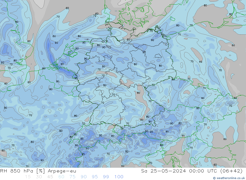 RH 850 hPa Arpege-eu sab 25.05.2024 00 UTC
