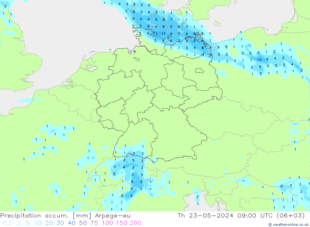 Precipitation accum. Arpege-eu Qui 23.05.2024 09 UTC