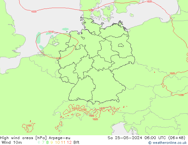 High wind areas Arpege-eu 星期六 25.05.2024 06 UTC