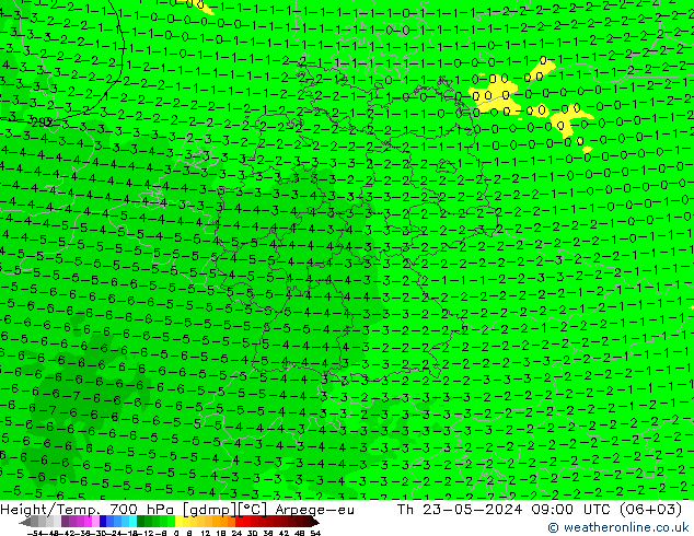 Geop./Temp. 700 hPa Arpege-eu jue 23.05.2024 09 UTC