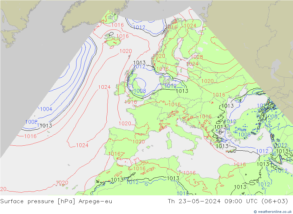 地面气压 Arpege-eu 星期四 23.05.2024 09 UTC