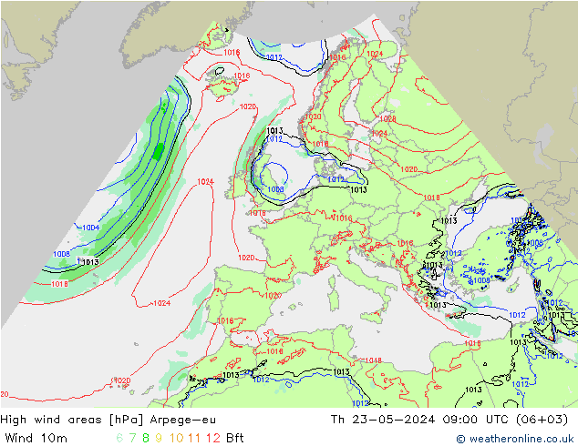 High wind areas Arpege-eu 星期四 23.05.2024 09 UTC