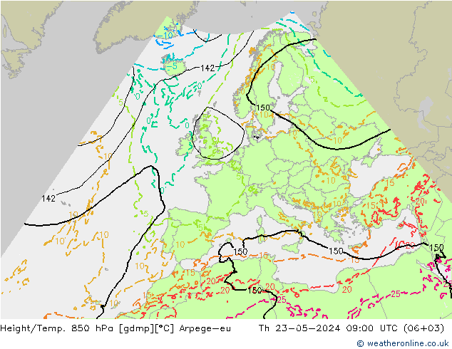 Height/Temp. 850 hPa Arpege-eu Qui 23.05.2024 09 UTC