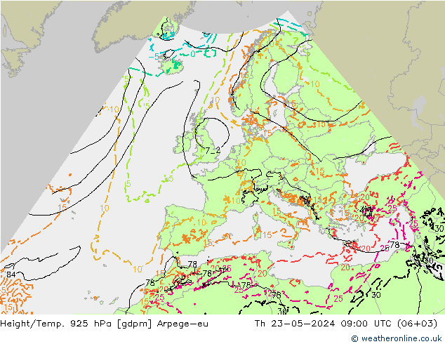 Height/Temp. 925 hPa Arpege-eu 星期四 23.05.2024 09 UTC