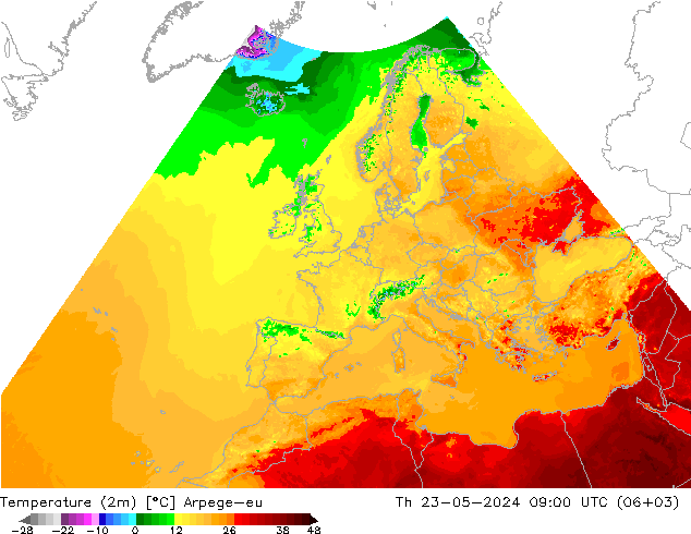 Temperature (2m) Arpege-eu Th 23.05.2024 09 UTC