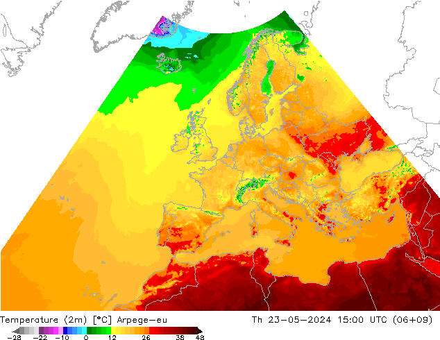 Temperature (2m) Arpege-eu Čt 23.05.2024 15 UTC