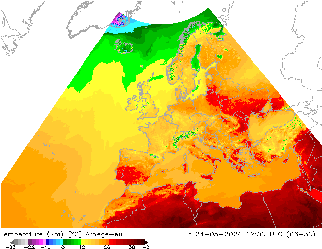 Temperaturkarte (2m) Arpege-eu Fr 24.05.2024 12 UTC