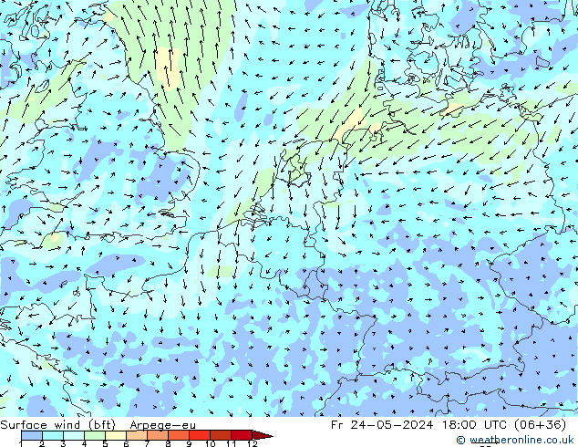 Surface wind (bft) Arpege-eu Fr 24.05.2024 18 UTC
