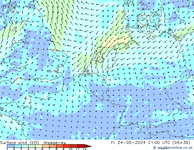 Surface wind (bft) Arpege-eu Fr 24.05.2024 21 UTC