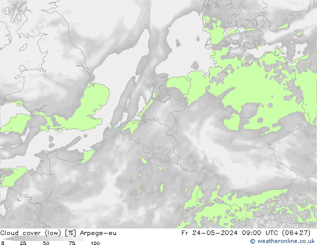 Cloud cover (low) Arpege-eu Fr 24.05.2024 09 UTC