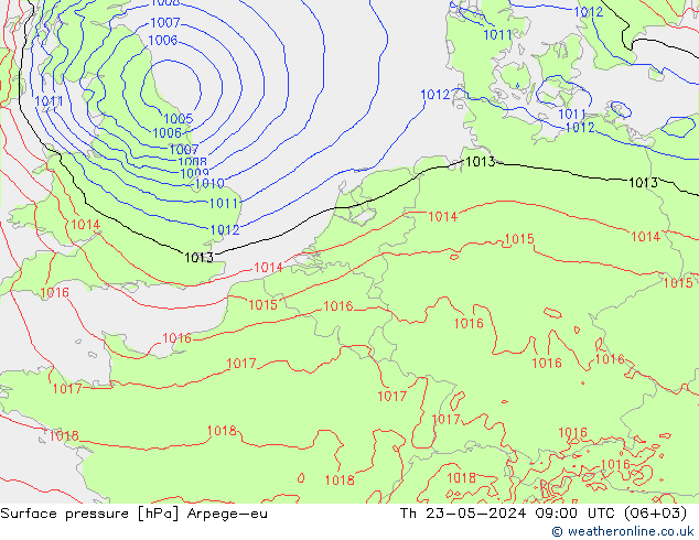 Presión superficial Arpege-eu jue 23.05.2024 09 UTC