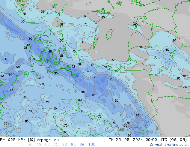 Humidité rel. 925 hPa Arpege-eu jeu 23.05.2024 09 UTC