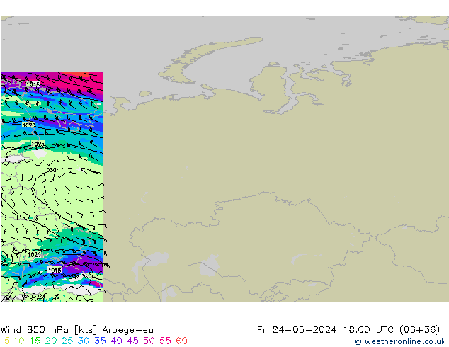 Wind 850 hPa Arpege-eu Pá 24.05.2024 18 UTC