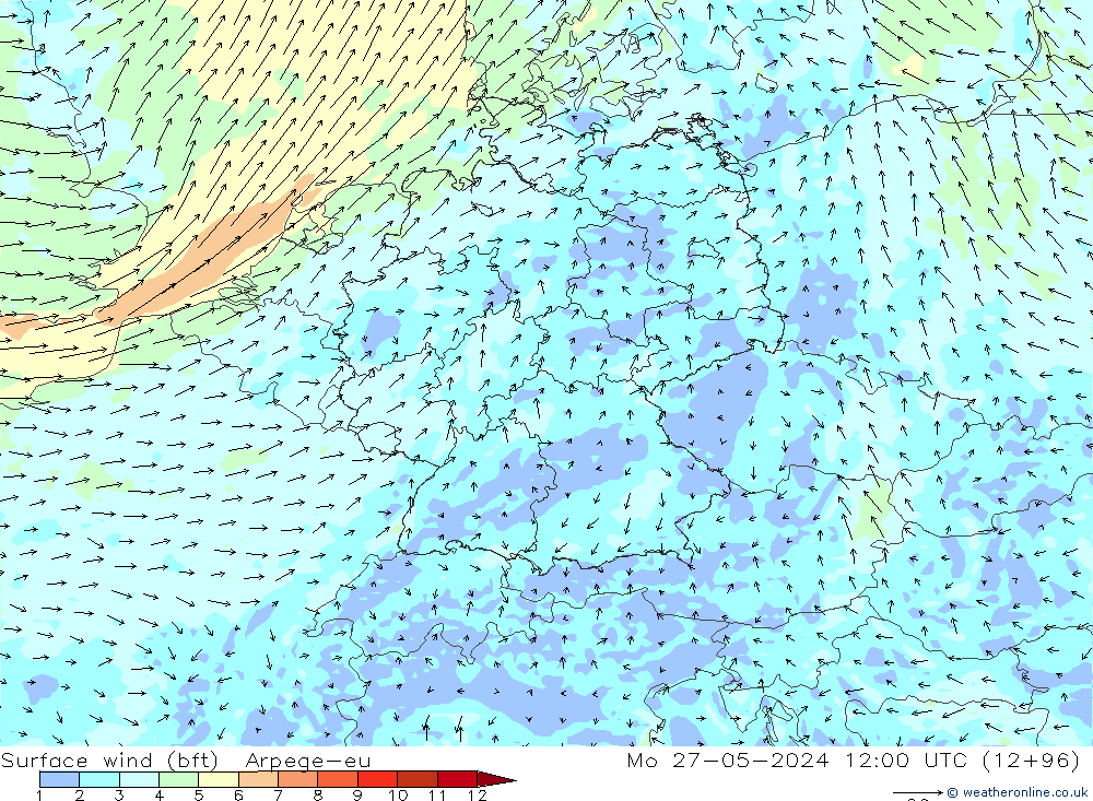 Surface wind (bft) Arpege-eu Po 27.05.2024 12 UTC