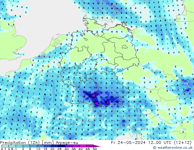 Totale neerslag (12h) Arpege-eu vr 24.05.2024 00 UTC