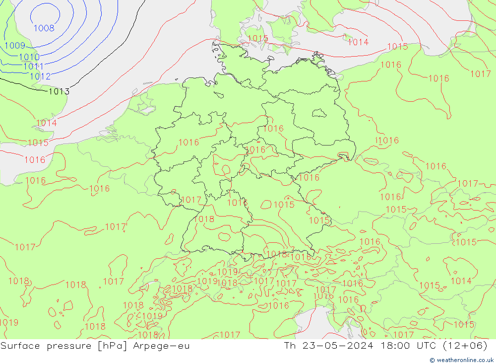 Pressione al suolo Arpege-eu gio 23.05.2024 18 UTC