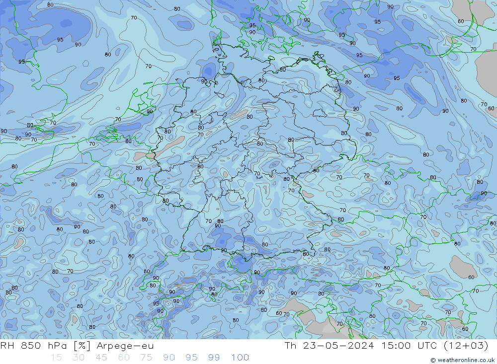 RH 850 hPa Arpege-eu 星期四 23.05.2024 15 UTC