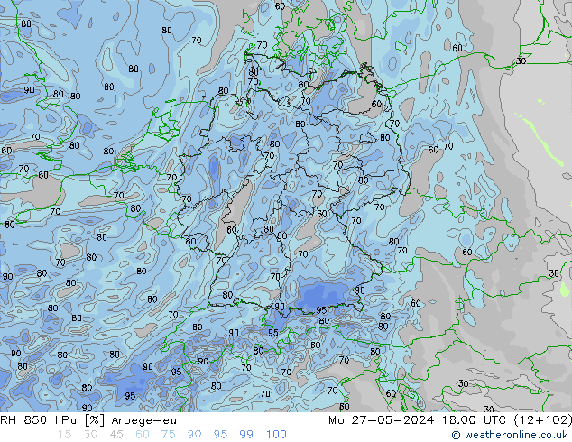 Humidité rel. 850 hPa Arpege-eu lun 27.05.2024 18 UTC