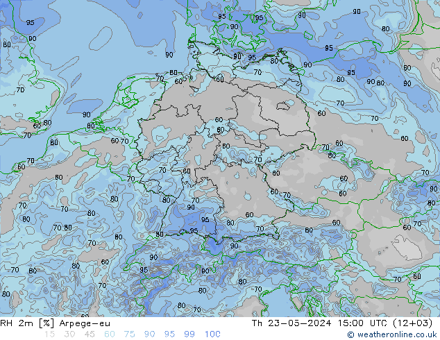 RH 2m Arpege-eu 星期四 23.05.2024 15 UTC