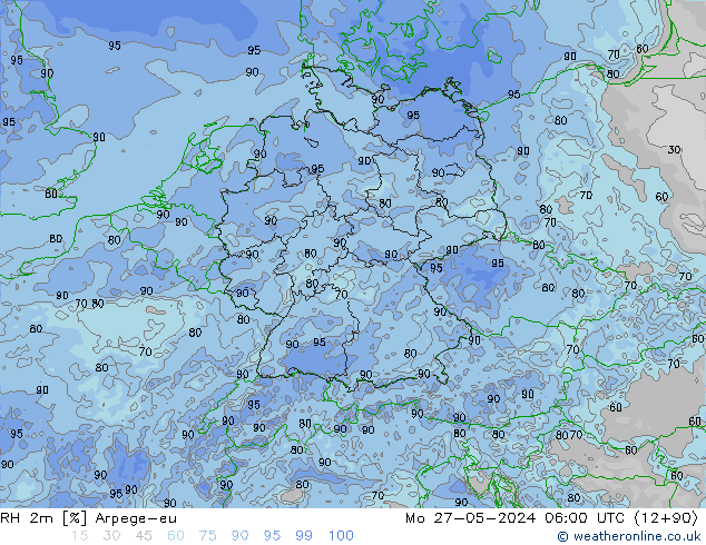 RH 2m Arpege-eu 星期一 27.05.2024 06 UTC