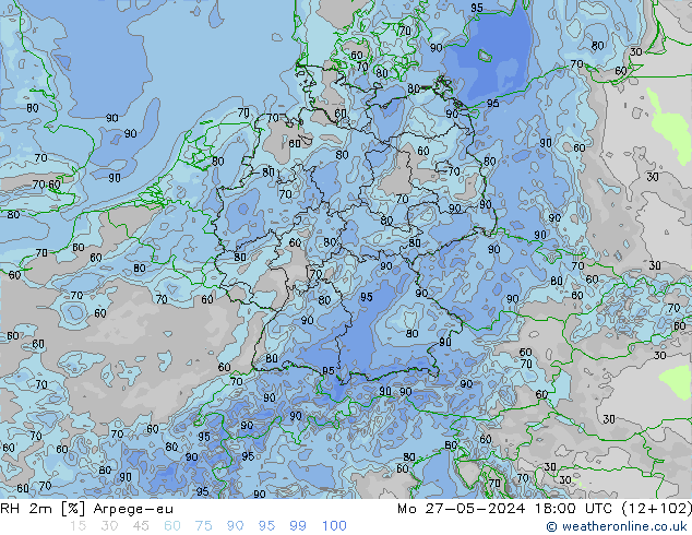RH 2m Arpege-eu 星期一 27.05.2024 18 UTC