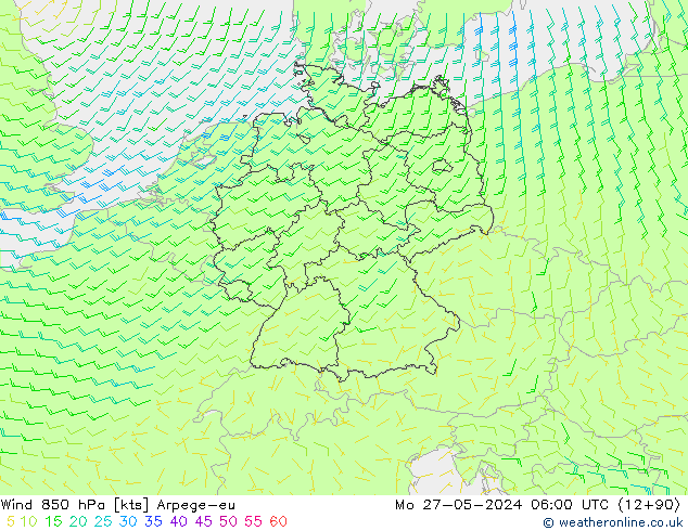 Wind 850 hPa Arpege-eu Mo 27.05.2024 06 UTC