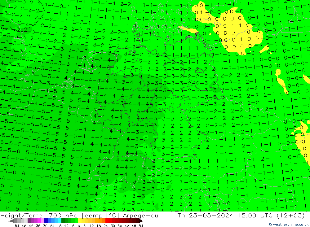Height/Temp. 700 hPa Arpege-eu 星期四 23.05.2024 15 UTC